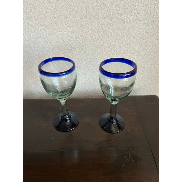 Mexican Pair of Hand-Blown-Style Stemmed Wine or Cordial Glasses For Sale - Image 3 of 7