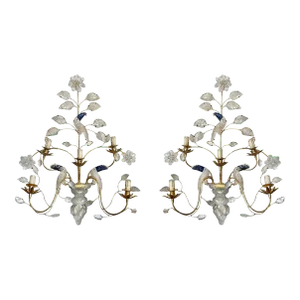 Pair of 1950s French Rock Crystal & Lapis Lazuli Stone Sconces
