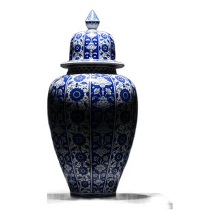 Handmade Ceramic Grand Shah Jar (60cm) Baba Nakkas Style Rumi & Hatayi Blue White Floor Vase For Sale