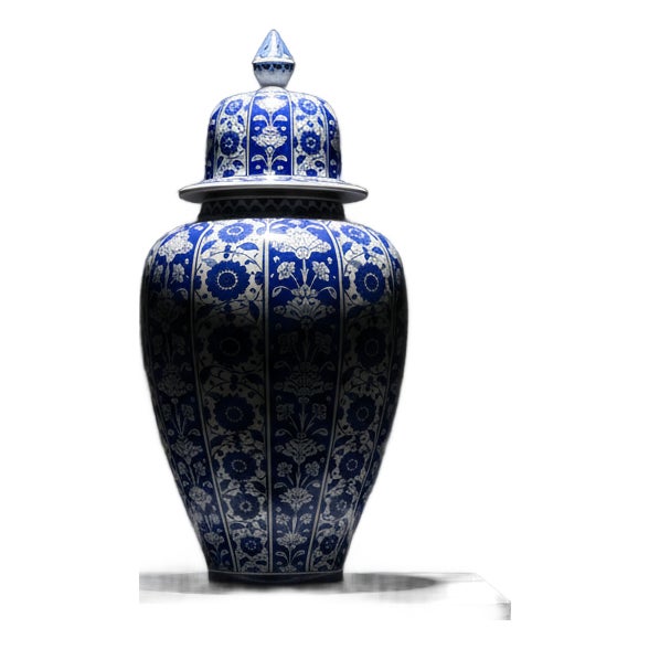 Handmade Ceramic Grand Shah Jar (60cm) Baba Nakkas Style Rumi & Hatayi Blue White Floor Vase For Sale