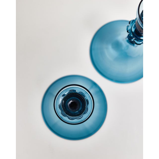Mid Century Blue Glass Orrefors Swedish Candlestick Pair For Sale - Image 10 of 15
