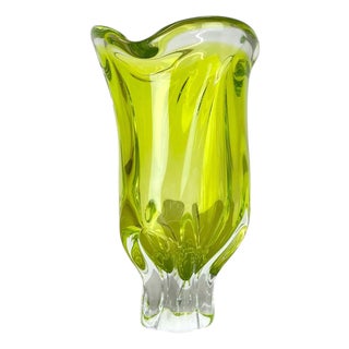 Large Abstract Yellow Green Murano Glass Vase, Italy, 1970 For Sale