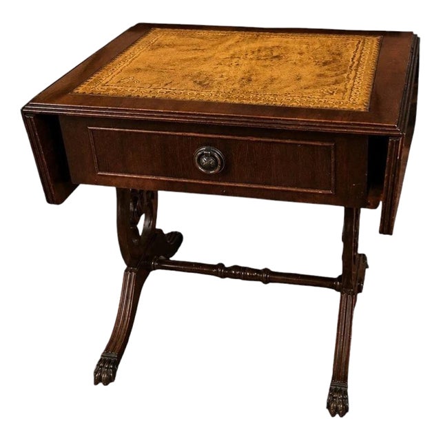 Regency Mahogany Drop-Leaf Side Table with Gilt Leather Top For Sale