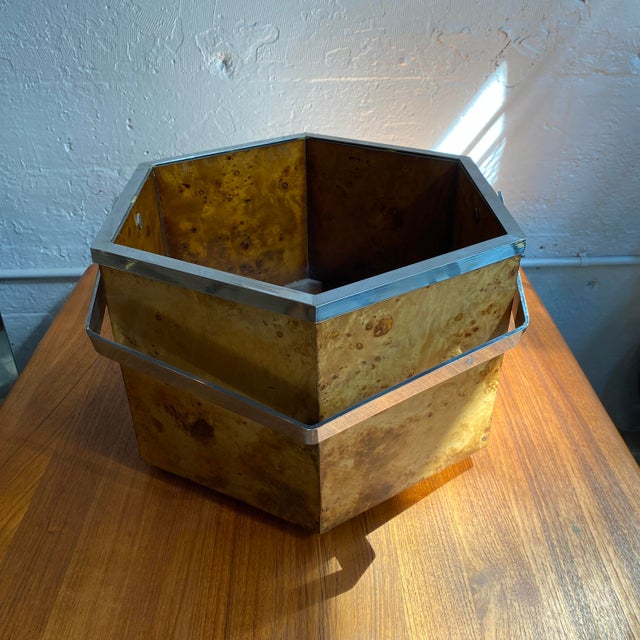 1970s Modernist Hexagonal Burl Olive Wood Chrome Handle Basket For Sale - Image 4 of 8