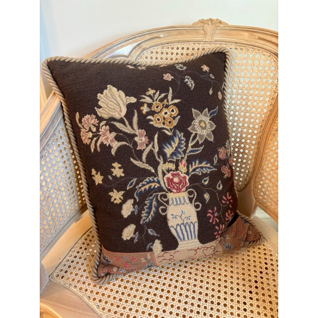 French Provincial Vintage Embroidered Floral Bouquet Pillow For Sale - Image 3 of 9