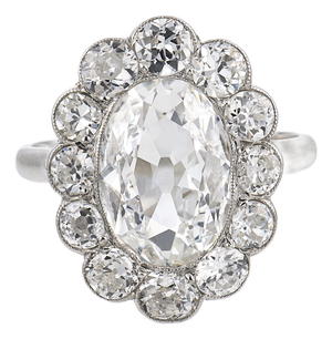 1910s French Belle Époque Gia 2.01 Carat Old Mine Cut Diamond Platinum Cluster Ring, Size 5.5