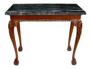 George III Style Walnut Console With Carved Details and Marble Top
