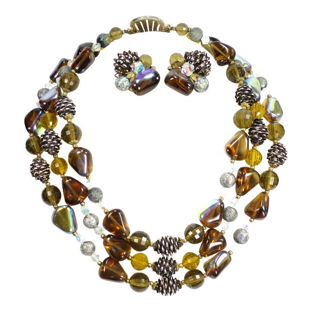 Vintage 1950s Multi-Strand Amber Art Glass Necklace Set - 3 Pieces For Sale
