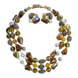 Vintage 1950s Multi-Strand Amber Art Glass Necklace Set - 3 Pieces