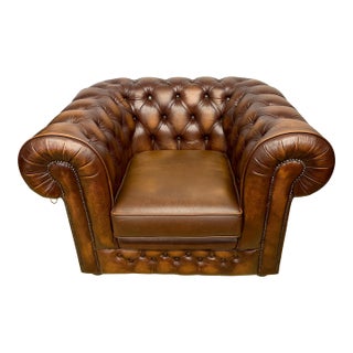 English Chesterfield Brown Leather Club Chair For Sale