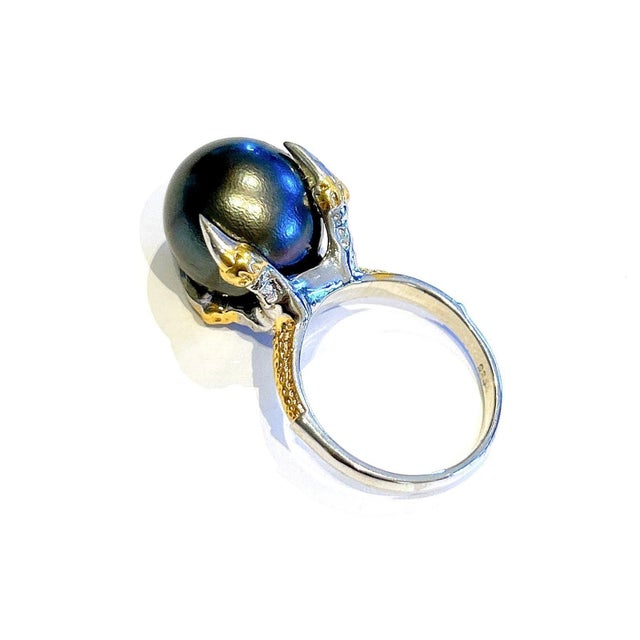 Late 20th Century Bochic “Orient” Vintage South Sea Pearl & Yellow Sapphires Ring Set 18K Gold & S For Sale - Image 5 of 8