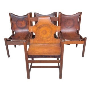 Safari Style Leather Dining Chairs, Set of 4 For Sale