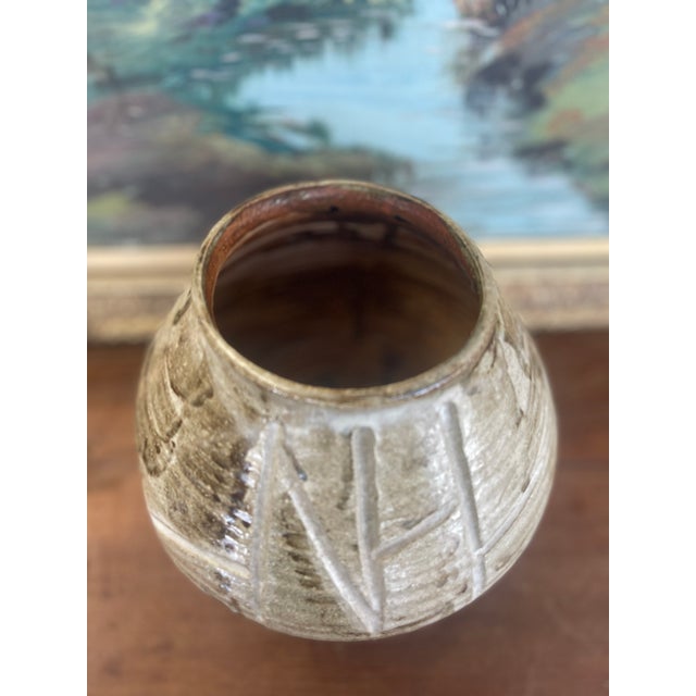 Rustic Studio Pottery Vase With Incised Design and Earth-Toned Glaze, Signed Base. For Sale - Image 3 of 5