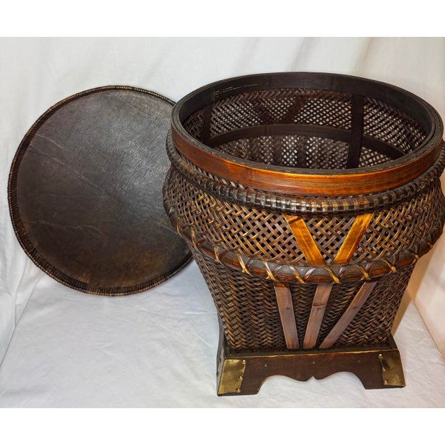 Wood Vintage Chinese Woven Bamboo Rattan Storage Basket Side Table Brass Accent For Sale - Image 7 of 12