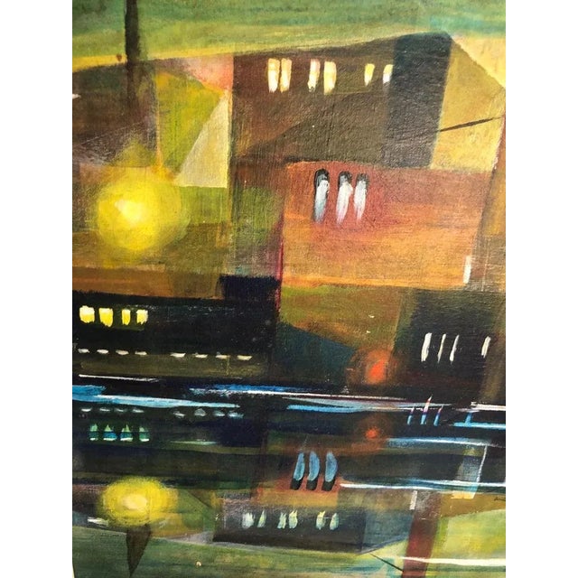 Army Green Mid Century Cubist Painting of an Industrial Building For Sale - Image 8 of 13