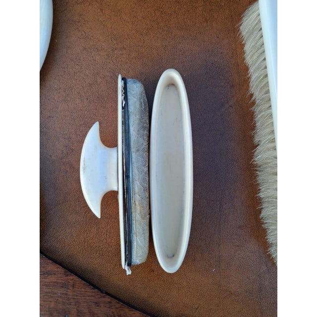 Ivory Bakelite Bedroom Set with Monogram with Various Brushes, Nail Polish and Intact Mirror, Set of 9 For Sale - Image 8 of 10