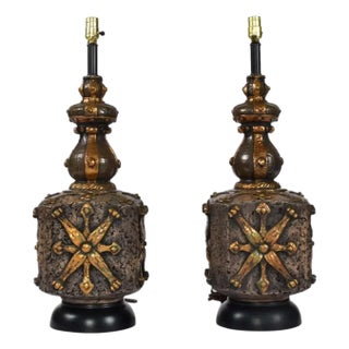 1970s Large Mid Century Bronze Color Brown Gold and Black Brutalist Lamps - a Pair For Sale