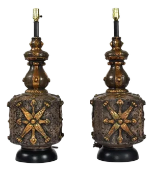 1970s Large Mid Century Bronze Color Brown Gold and Black Brutalist Lamps - a Pair