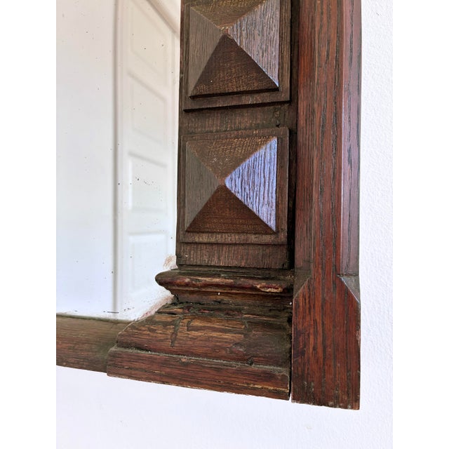 Spanish Revival Antique Spanish Revival Oak Wall Mirror With Geometric Carving For Sale - Image 3 of 11