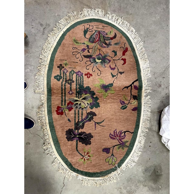 Antique 1920s Chinese Art Deco Oval Rug, Floral, 3'1" X 5'2" (95cm X 158cm) For Sale In New York - Image 6 of 7