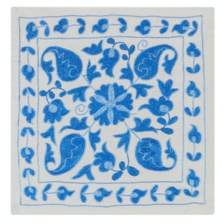 Cream & Light Blue Handmade Uzbek Suzani Silk Embroidery Cushion Cover 18"x19" For Sale