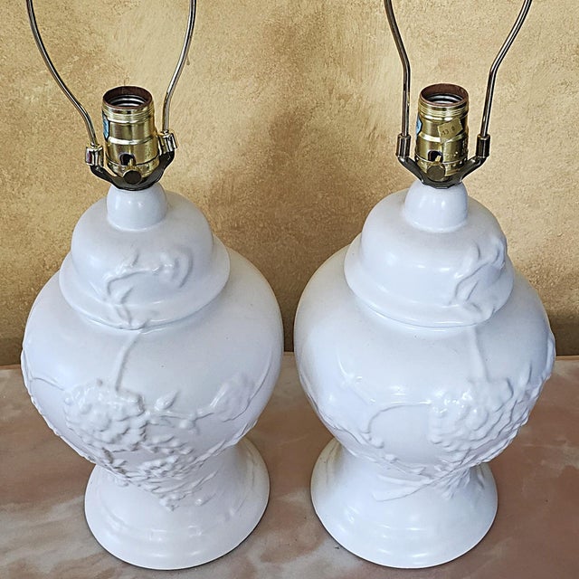 Pair of Vintage White Ceramic Ginger Jar Table Lamps With Floral Relief & Diane Shades For Sale - Image 15 of 18