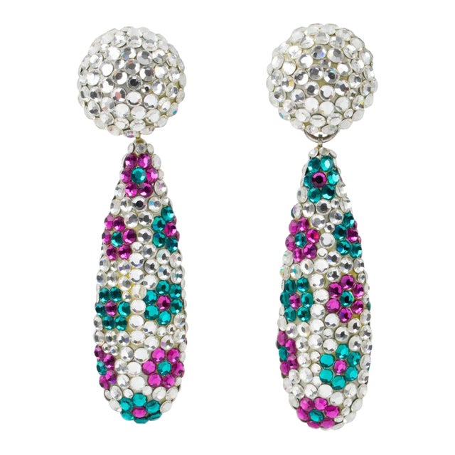 Richard Kerr Pair of Dangle Clip Earrings Turquoise and Fuchsia Crystal Flowers For Sale