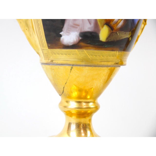 Pair of Old Paris Gilt Porcelain Decorative Vases With Romantic Scenes For Sale - Image 10 of 14