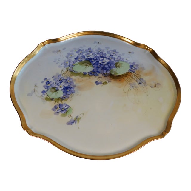 Large Yellow Serving Vanity Tray With Purple Flowers For Sale