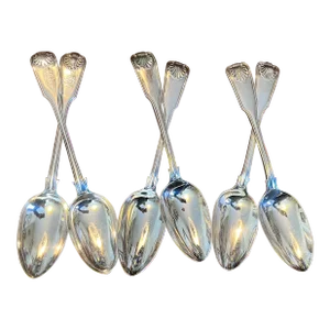 Large 19th Century English Hallmarked Silver Dessert or Serving Spoons Shell & Thread Pattern- Set of 6