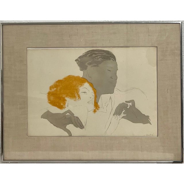 Art Deco Marcel Vertès, Art Deco Jazz Age Paris Interracial Couple Lovers Marcel Vertes Color Lithograph, 1924 For Sale - Image 3 of 11