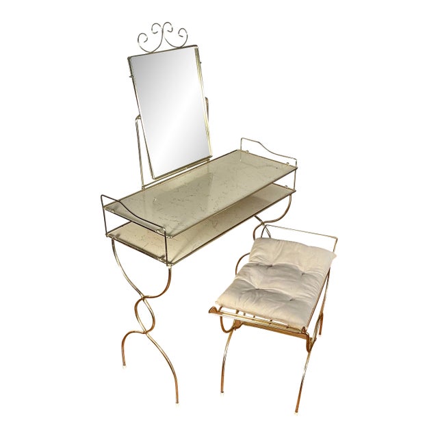 Vintage Hollywood Regency Gold-Toned Makeup Vanity Table Set, Mid-Century Modern, For Sale