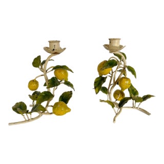 Vintage Italian Lemon Toleware Candlestick Pair For Sale