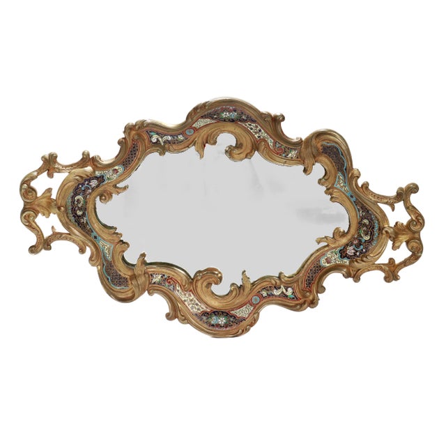 French Large Antique French Gilt Bronze & Champlevé Enamel Mirrored Plateau or Tray For Sale - Image 3 of 18