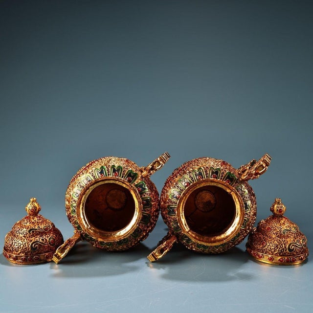 Asian Pair of Vintage Chinese Gilt Bronze Filigree Vases - Dragon Handles & Gemstone Inlay For Sale - Image 3 of 10