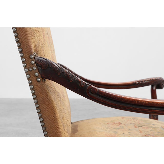 Carved Walnut Armchair with Scrolling and Tapestry Upholstery, France, 1800 For Sale - Image 9 of 16