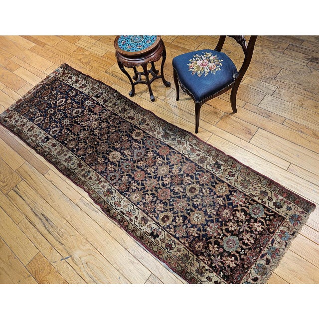 Persian 19th Century Kurdish Bidjar Runner Rug, Hand-Knotted Wool, All Over Geometric Pattern, Blue & Ivory, 4x8 For Sale - Image 3 of 14