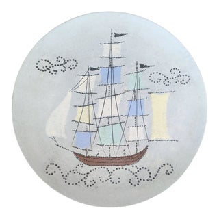 Vintage Folk Art Style Clipper Ship Pottery Plate Signed- 14" X 14" For Sale
