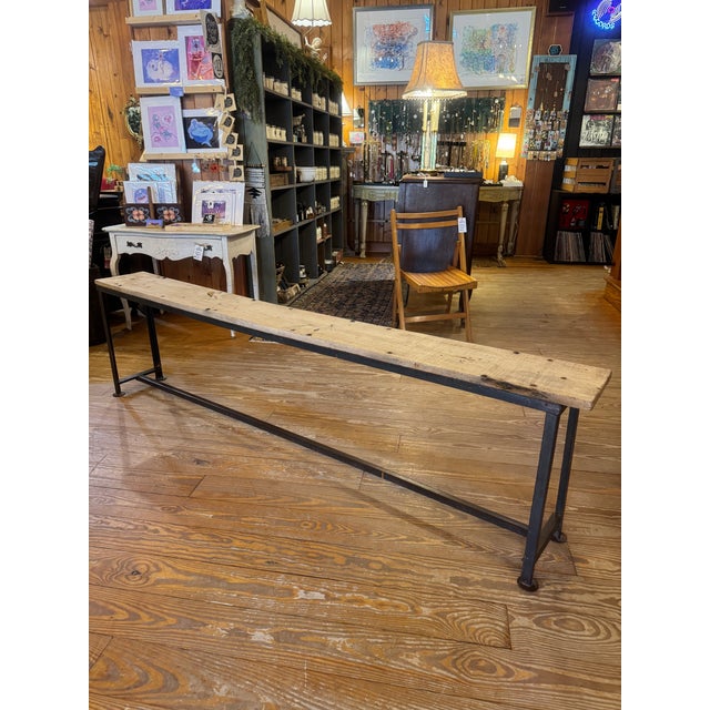 Beige 1980s Salvage Wood Bench With Metal Base For Sale - Image 8 of 12