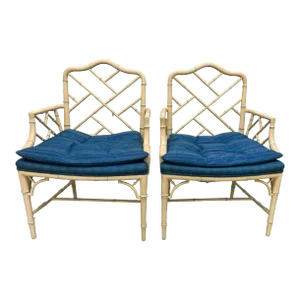 Pair Faux Bamboo Chippendale Lacquered Armchairs