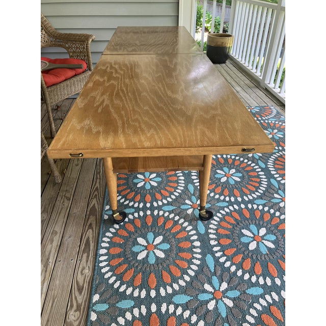 Vintage Scandinavian Mid‑Century Flip‑Top Bar Cart – Solid Oak Serving Trolley on Casters For Sale - Image 17 of 17