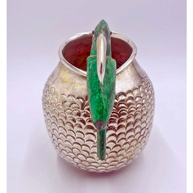 1960s Los Fajardo Taxco Toucan Pitcher Malachite Silver Plate For Sale - Image 11 of 18