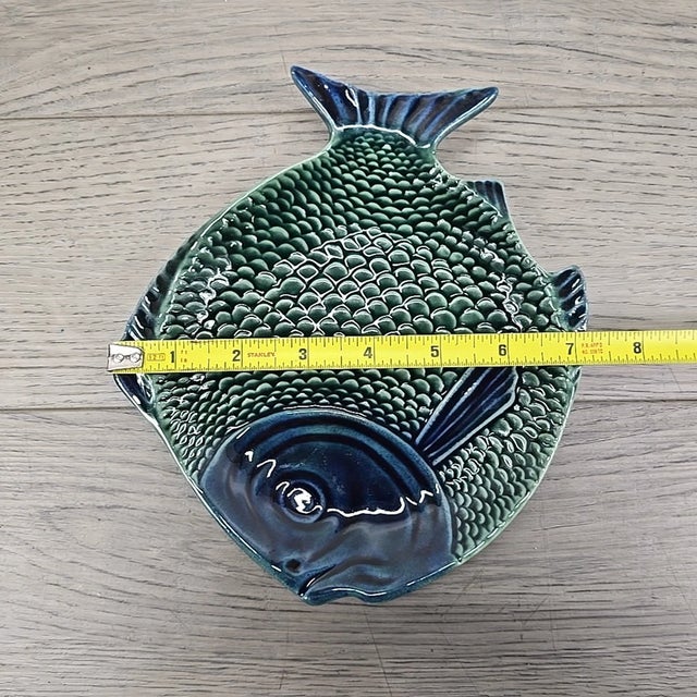 1980s Vintage Olfaire Portugal Majolica Blue/Green Ceramic Fish Shaped Plate For Sale - Image 5 of 5