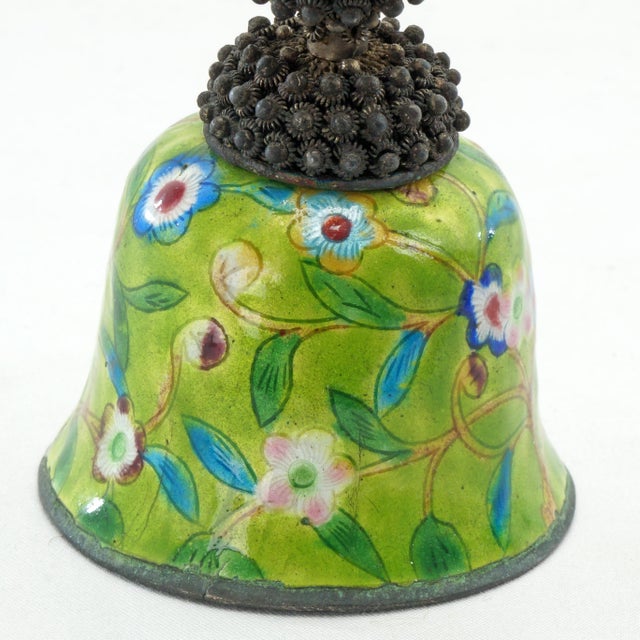 Light Green Qing Chinese Enameled Metal Bell With a Bronze Mandarin Hat Finial For Sale - Image 8 of 9