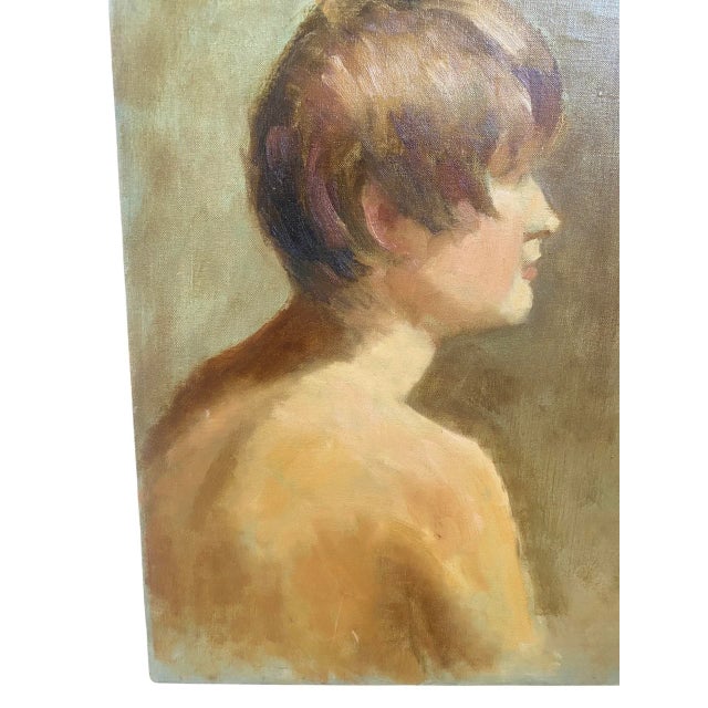 Mid-Century Modern Vintage Oil on Canvas Portrait Painting of a Nude in Tones of Celadon and Bronze, Dated 1969 Signed Clara Snyder For Sale - Image 3 of 9