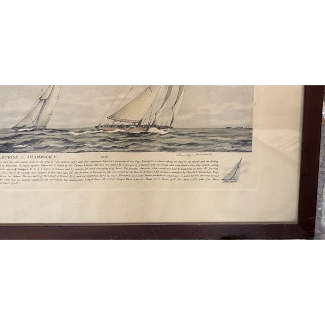 English 1930's British Print of the Enterprise Versus Shamrock v Race of 1930 in Nice Old Wood Frame For Sale - Image 3 of 7