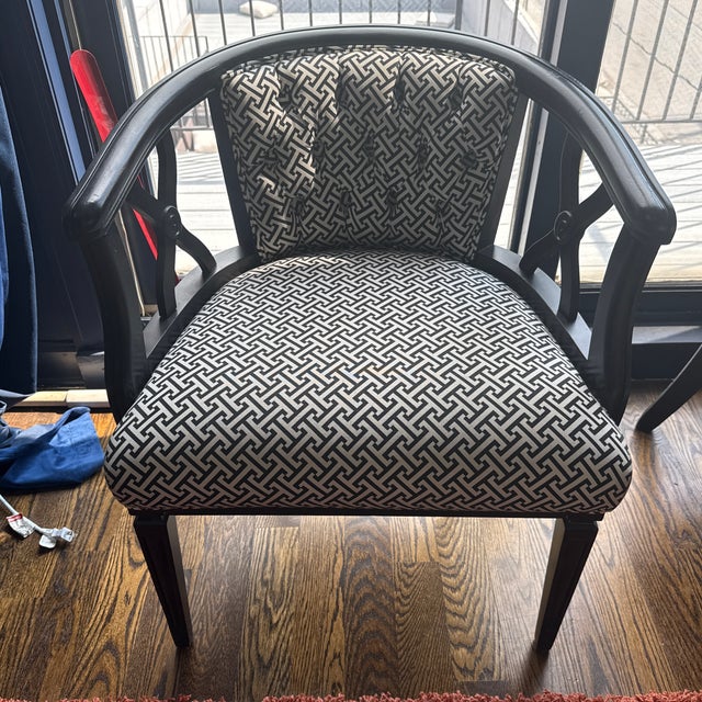 Pair of Professionally Restored Vintage Barrel Accent Chairs in Hollywood Regency Style For Sale - Image 11 of 12