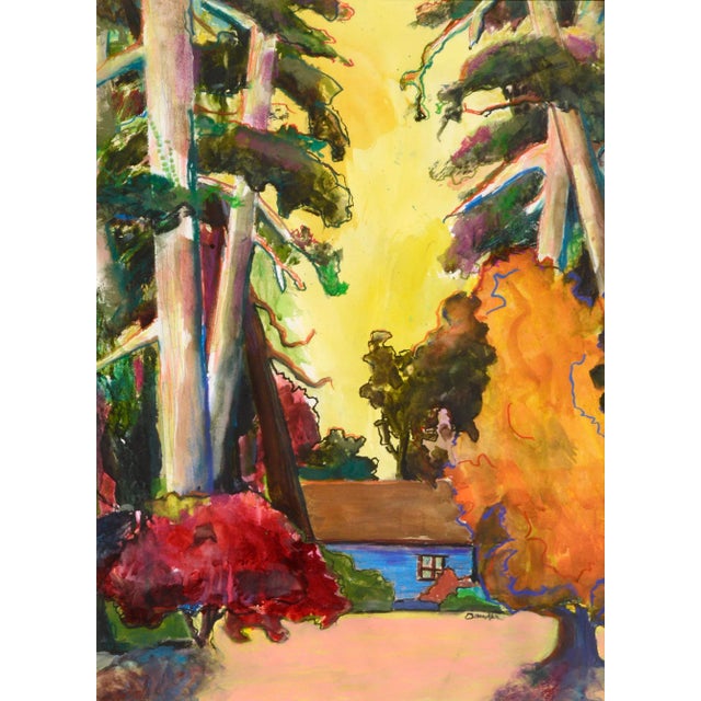 Brightly colored landscape of a cabin in the woods by Karen Druker (American, 1945). Signed "Druker" in the lower right...
