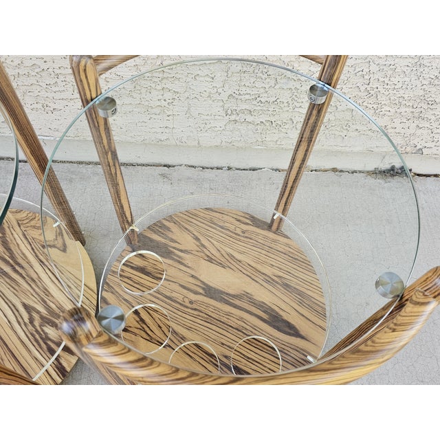 Pair of 1980s Zebrawood & Glass Two-Tier Side Tables / Bar Carts For Sale - Image 4 of 9