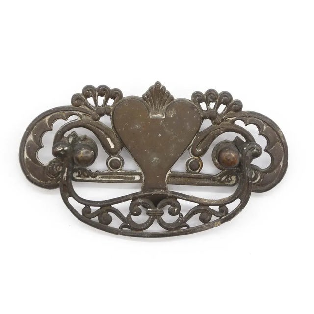 Traditional Pair of Vintage 5.75 In. Dark Brass Patina Heart Dresser Pulls For Sale - Image 3 of 8